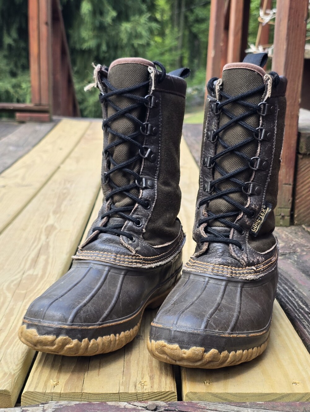 Rocky Vtg Gore-Tex Brown Leather, Olive Green Canvas Rubber 11.5” Boots, Sz 8